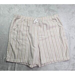 Karen Scott Women's XL 100% Cotton Striped Pull-On Shorts Beige White Pockets